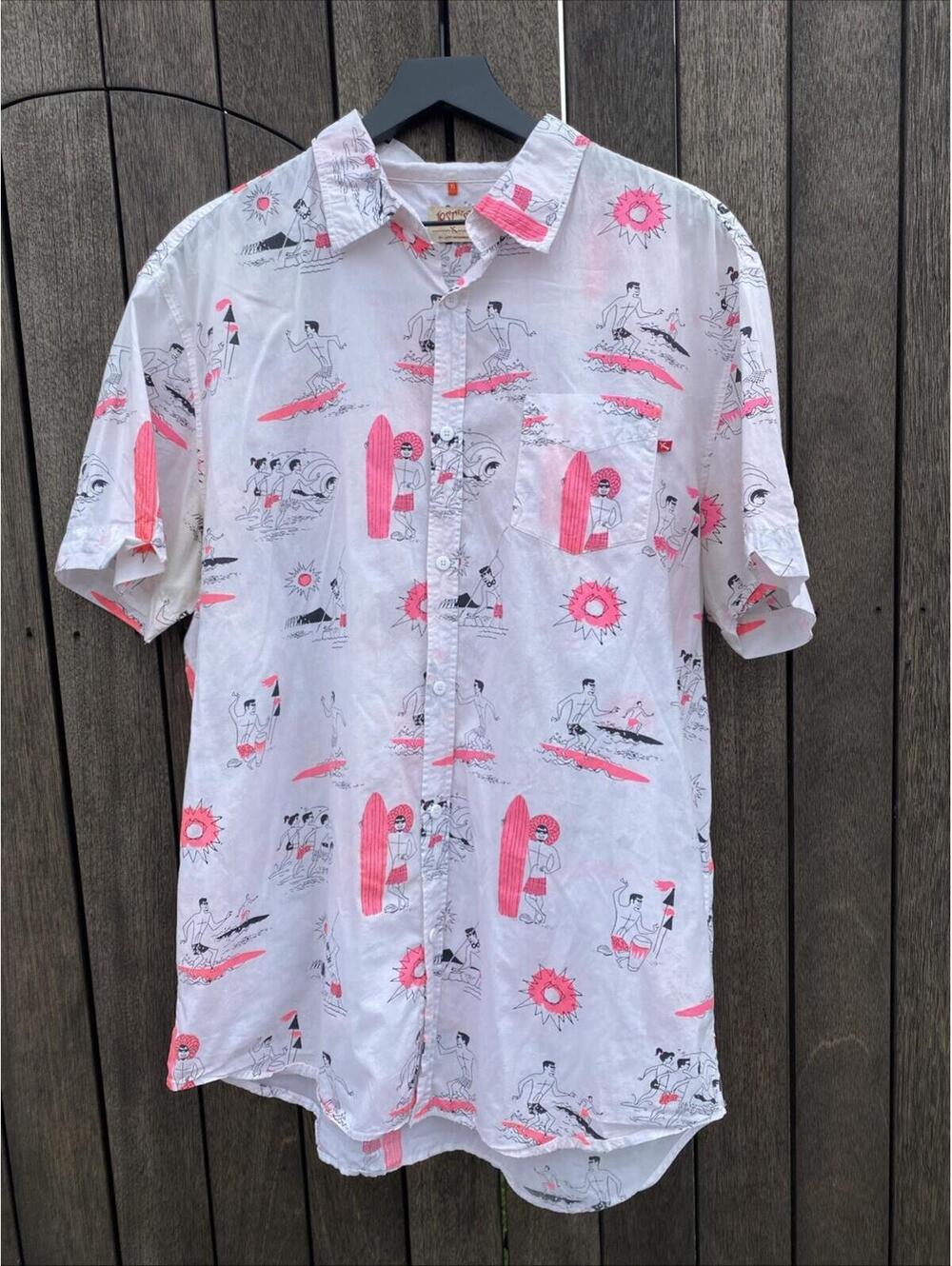 …Lost At Sea By Lost Enterprises Neon Pink Retro Surfers Art Button T Shirt XL